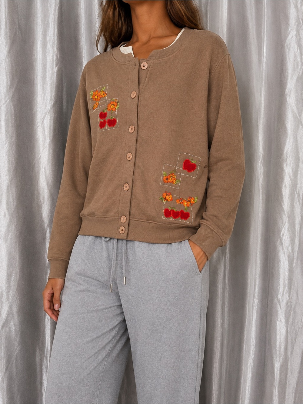 Vintage Speculation Petite Small Cardigan Apple Floral Embroidered Brown Y2K 90s